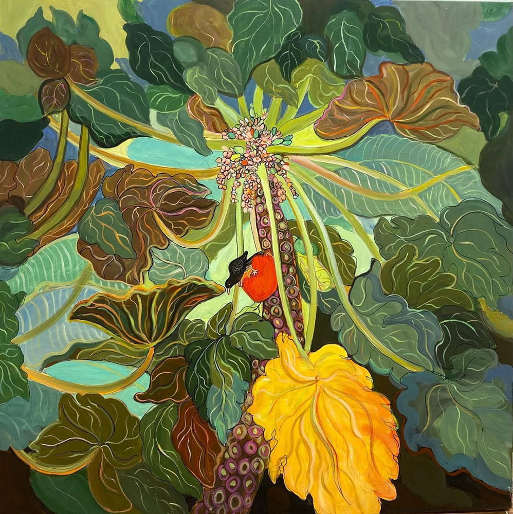 Painting on canvas of flowers and foliage