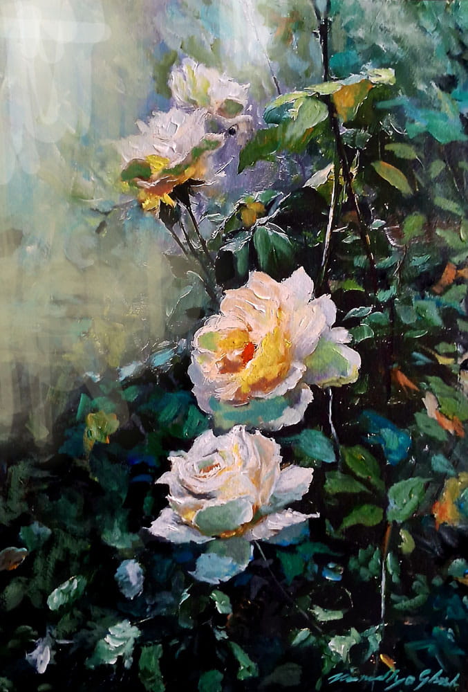 Painting of flowers on canvas board