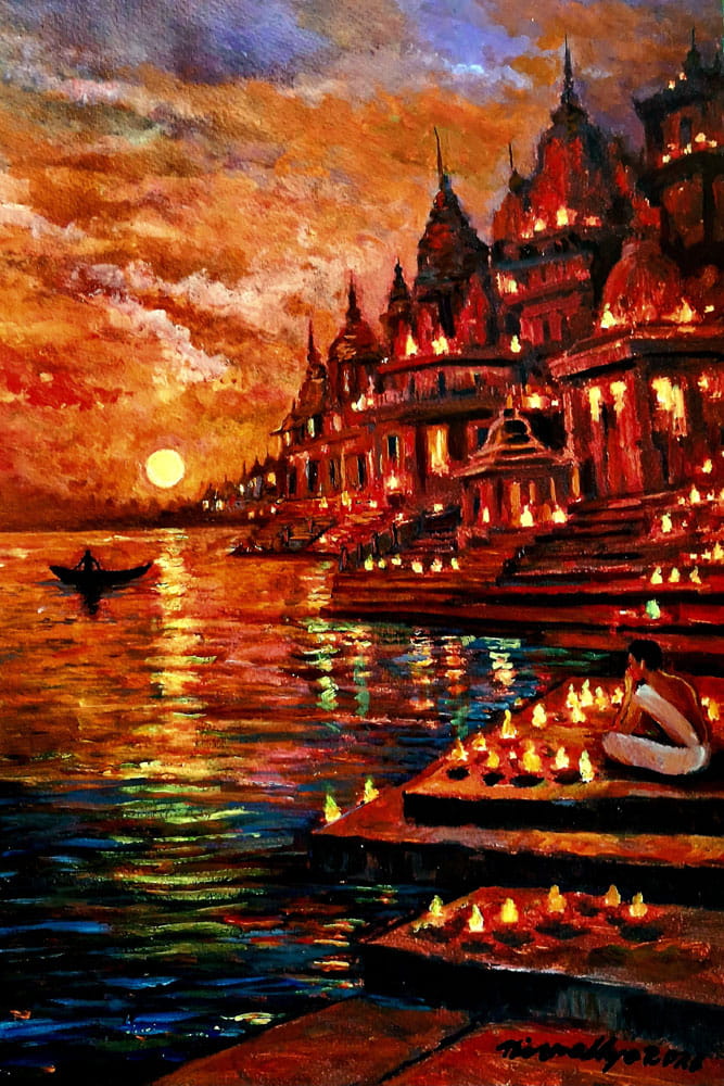Painting on canvas board of lamps in Benaras
