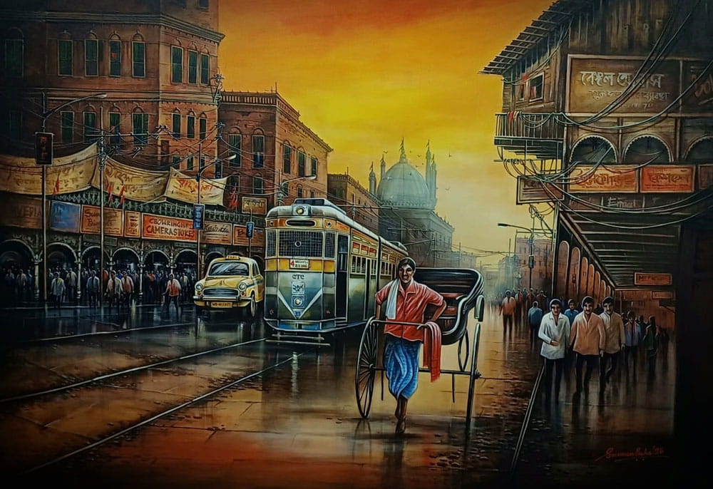 Painting on canvas of Kolkata city road.
