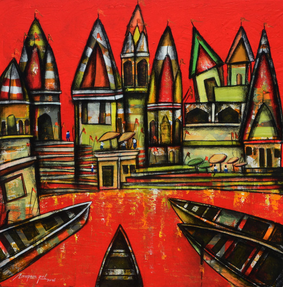 Painting of Benaras on canvas .