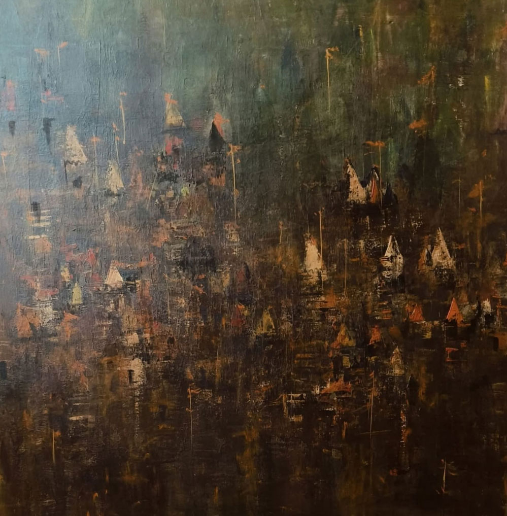 Painting of Benaras on canvas in abstract style