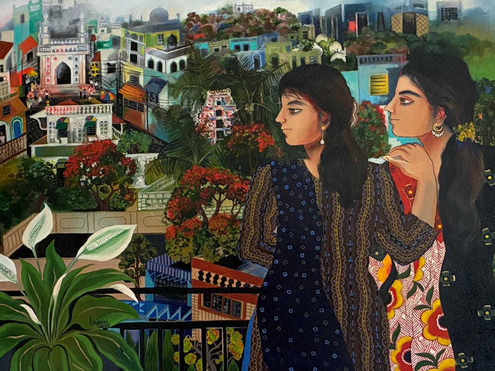 Painting of a street road on canvas
