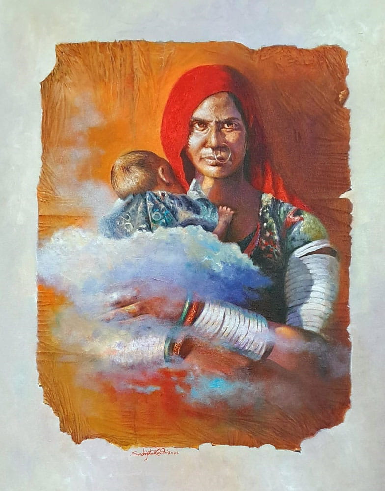 Painitng of mother and child on canvas