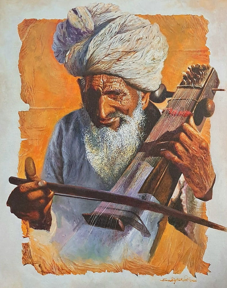 Painting of sarengi player on canvas