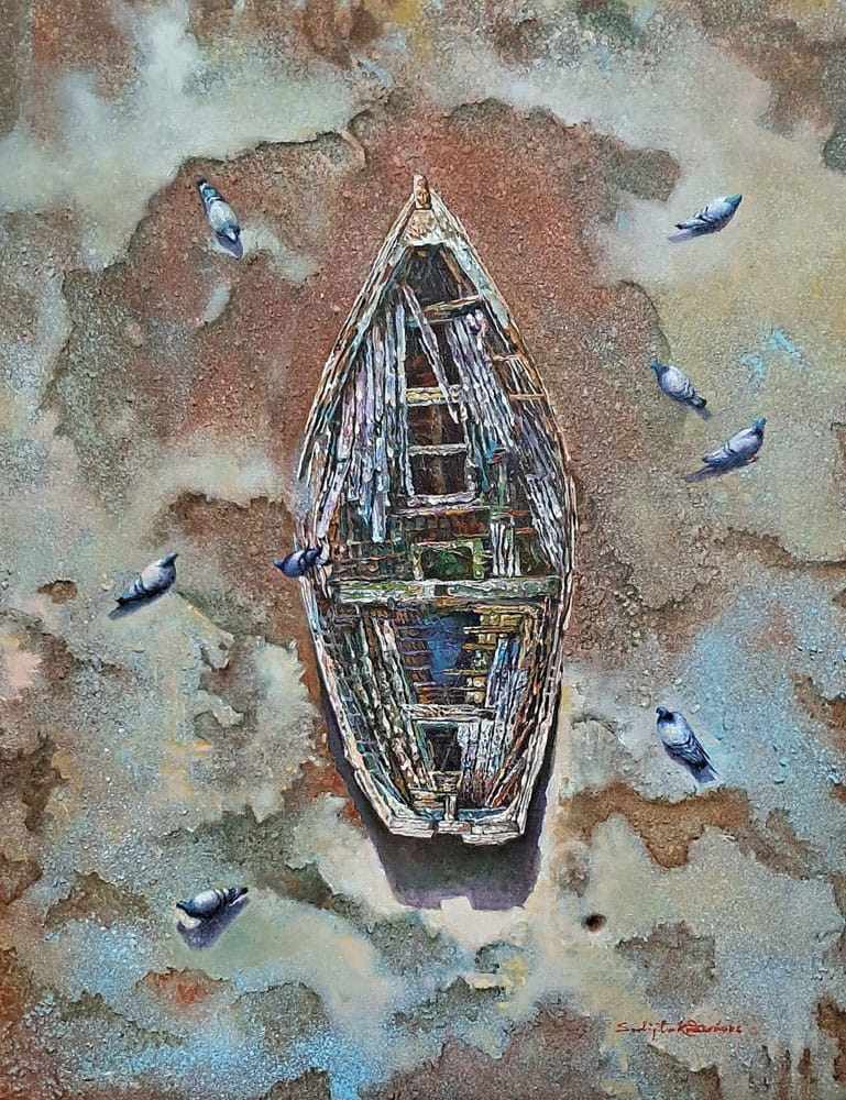 Painting of boat on canvas