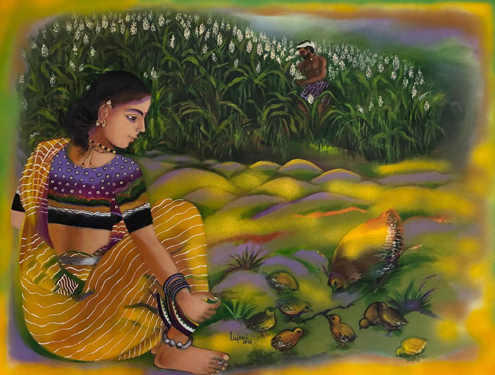 Painting of farmer couple on canvas