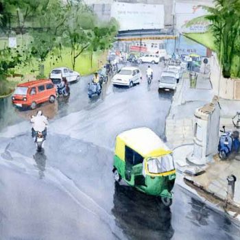 Painting on paper of rainy day in a city