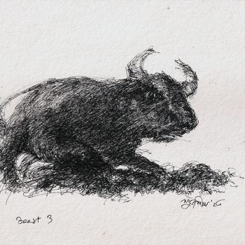 Painting of bull with pen and ink on paper