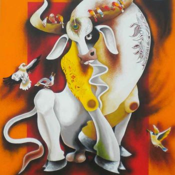 Painting on canvas of bulls and birds