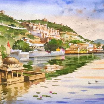 Painting on paper of Bundi buildings in Rajasthan