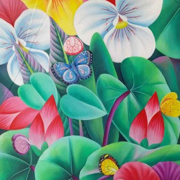 Painting on canvas of butterflies and flowers