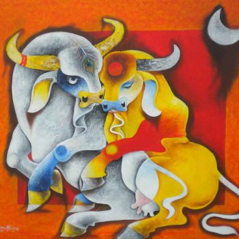 Painting of bulls on canvas