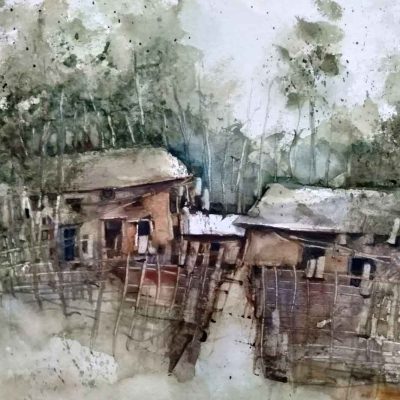 Painting of houses and landscape on paper