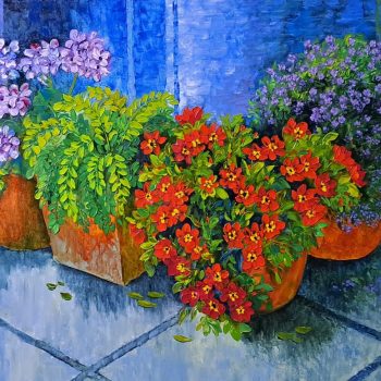 Painting of flowers with oil on canvas