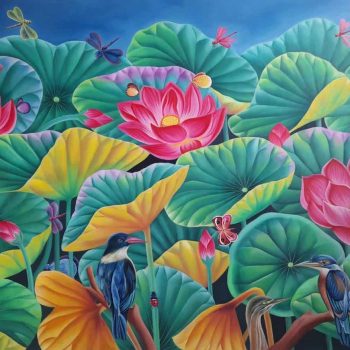 Painting of flora and fauna on canvas