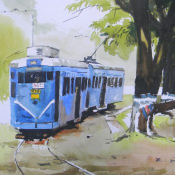 Painting of Kolkata tram with watercolour on paper