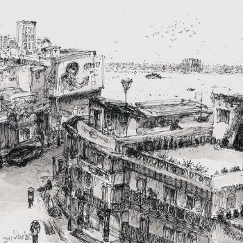 Kolkata cityscape with pen and ink on paper