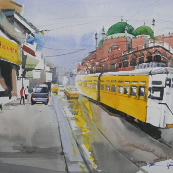 Painting of Kolkata tram with watercolour on paper