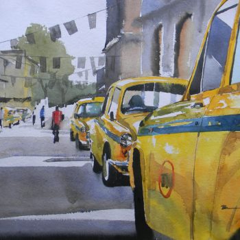 Painting of Kolkata road with watercolour on paper