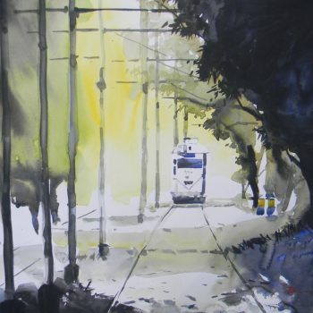 Painting of Kolkata tram with watercolour on paper