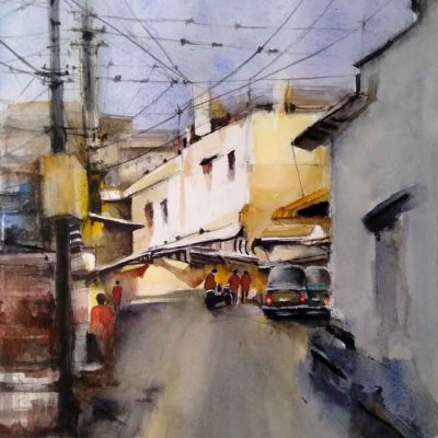 Paintings of a road inside a city