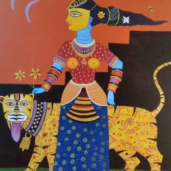 Painting on canvas of lady with tiger