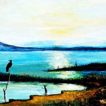 Painting of a lake with acrylic on paper