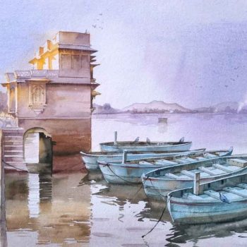 Painting on paper of lake in Rajasthan