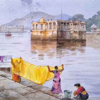 Painting on paper of lake in Rajasthan