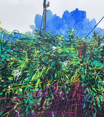 Abstract landscape with ink and pastels on paper