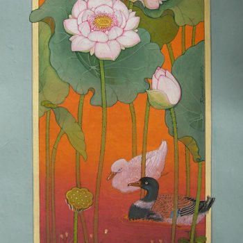 Painting of lotus with watercolour on silk