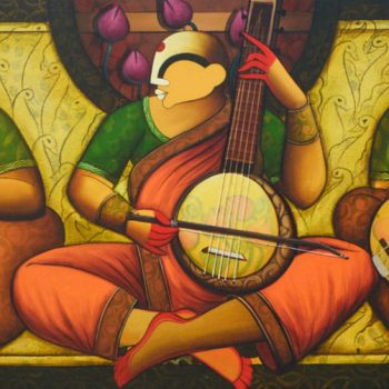Figurative painting of musicians on canvas
