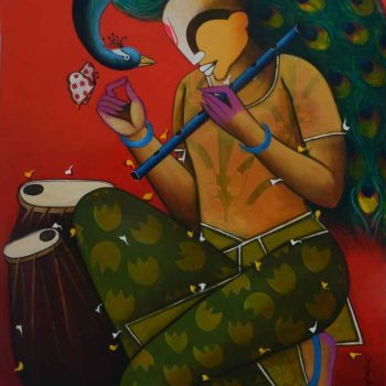 Painting on canvas of man playing flute with peacock