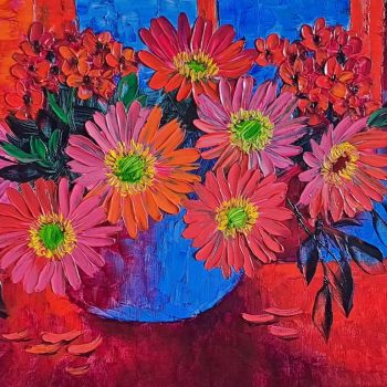 Painting of flowers with oil on canvas