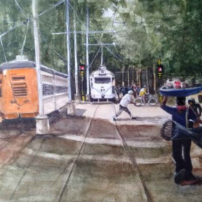 Painting on paper of a tram in Kolkata