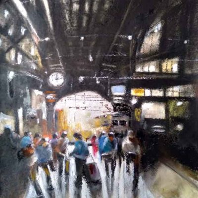 Painting on paper of railway station platform