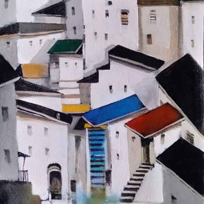 Painting of houses on canvas