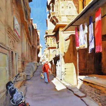 Painting of a street scene with watercolour on paper