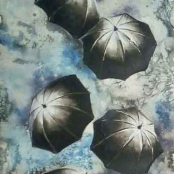 Painting of rickshaw and umbrellas on paper