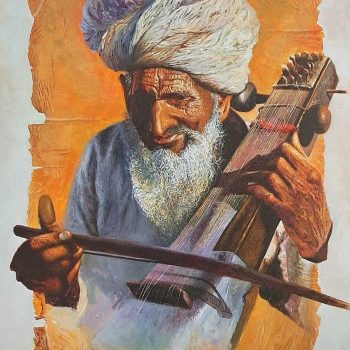 Painting of sarengi player on canvas