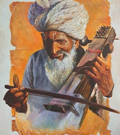 Painting of sarengi player on canvas