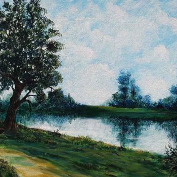 Painting of a serene and green landscape on canvas