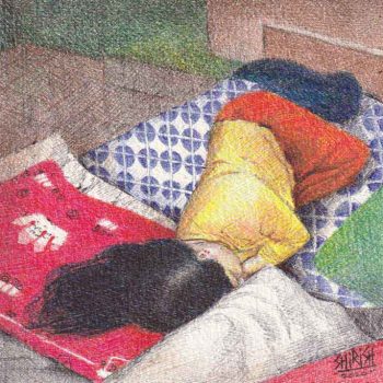 Painting of woman sleeping with ball point pen on paper