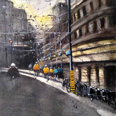 Painting of a road inside a city