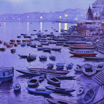 Painting of benaras ghats with watercolour on paper