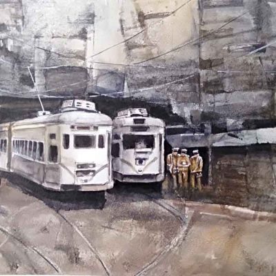 Painting on paper of Kolkata tram