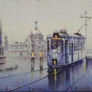 Painting on paper of tram in Kolkata