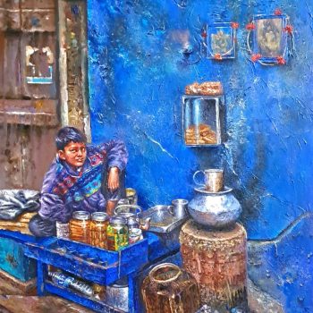 Painting of tea stall on canvas